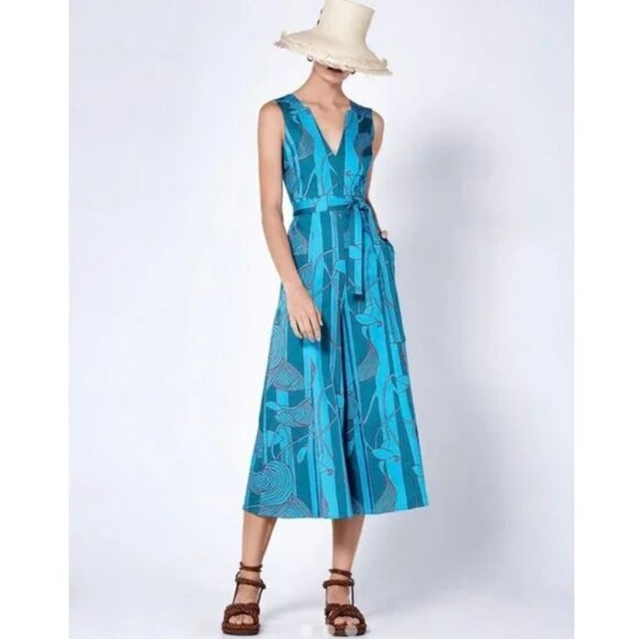 ALEXIS Cerelia Abstract Floral Jumpsuit Blue Green Wide Leg Cropped Sleeveless S - Picture 1 of 13